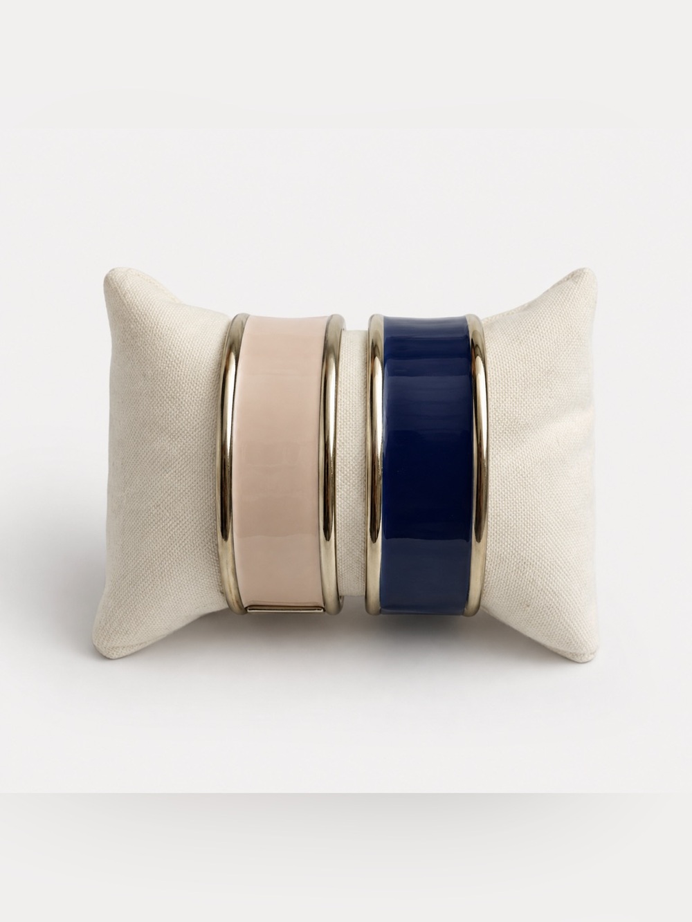 BCBG Enamel Bangle Bracelet Set Blue & Nude Gold Tone Hinged Cuff Pair